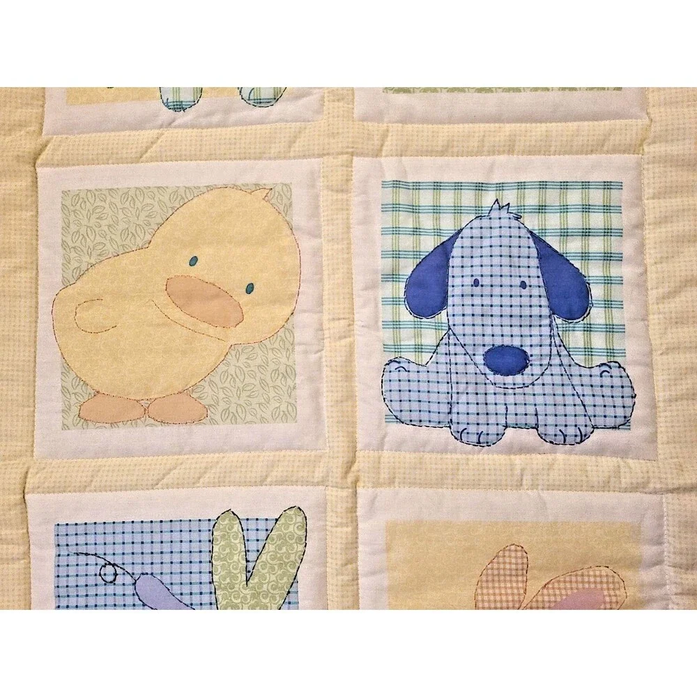 VINTAGE Carters Tykes Baby Blanket Quilt Bee Duck Chick Dog Bunny Squares Ruffle